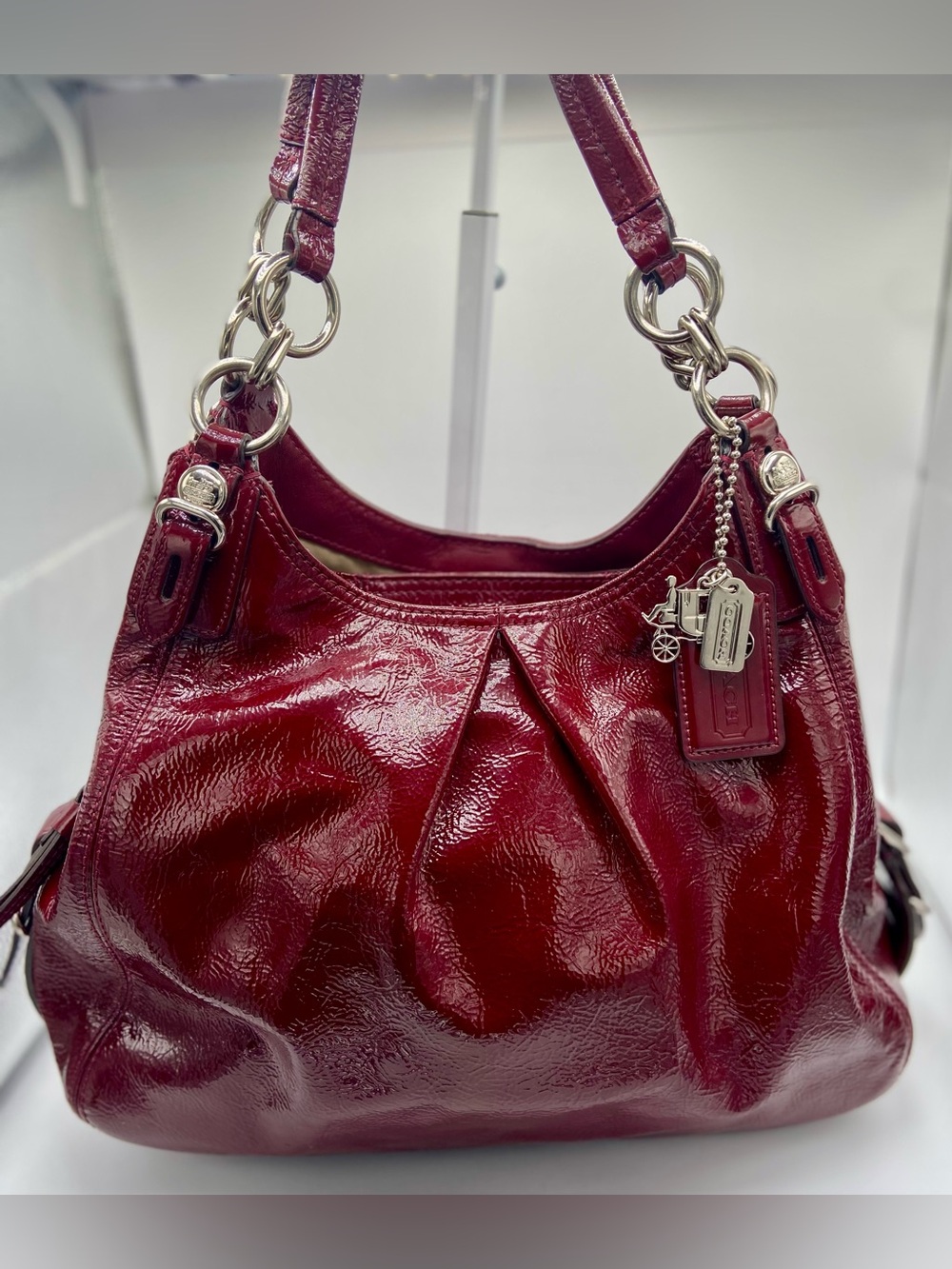Coach Mia 15734 Burgundy Red Patent Leather Shoulder Bag Hobo Silver Hardware